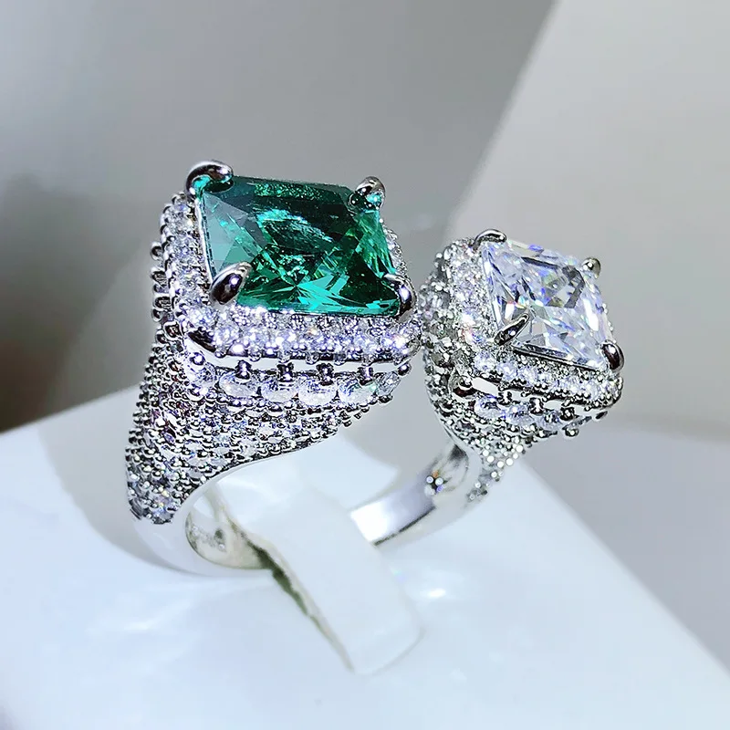 

Creative square green gem engagement ring opening full Inlaid AAAAA zircon exquisite and luxurious 925 silver jewelry for women