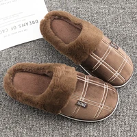 large size 5051 home slippers men gingham cotton slippers indoor winter warm plush non slip thick soled soft slippers male