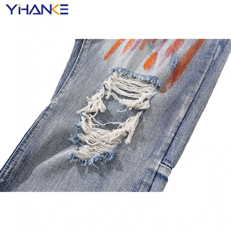 European and American High Street Tide Brand Ripped Jeans Men's Hip-hop Slim Small Feet Graffiti Ins National Tide Long Pants