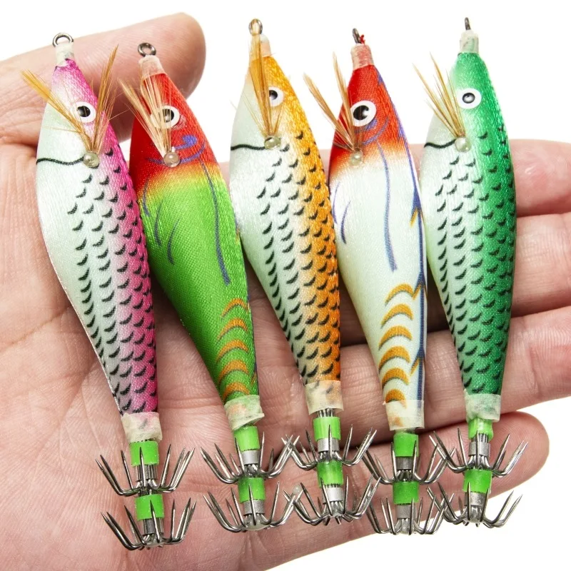 

8cm Luminous Wood Shrimp Squid Hook with Ring Beads Lure Bionic Round Belly Simulation Octopus Cuttlefish Jigs Fishing Lures