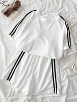 summer striped tracksuit women two piece sets korean style short sleeve t shirt and loose shorts suit female camping outfits
