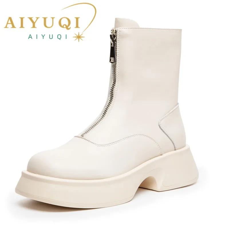 AIYUQI Women's Chelsea Boots Genuine Leather Fashion Fur Winter Boots Women Front Zipper British Style Women's Short Boots