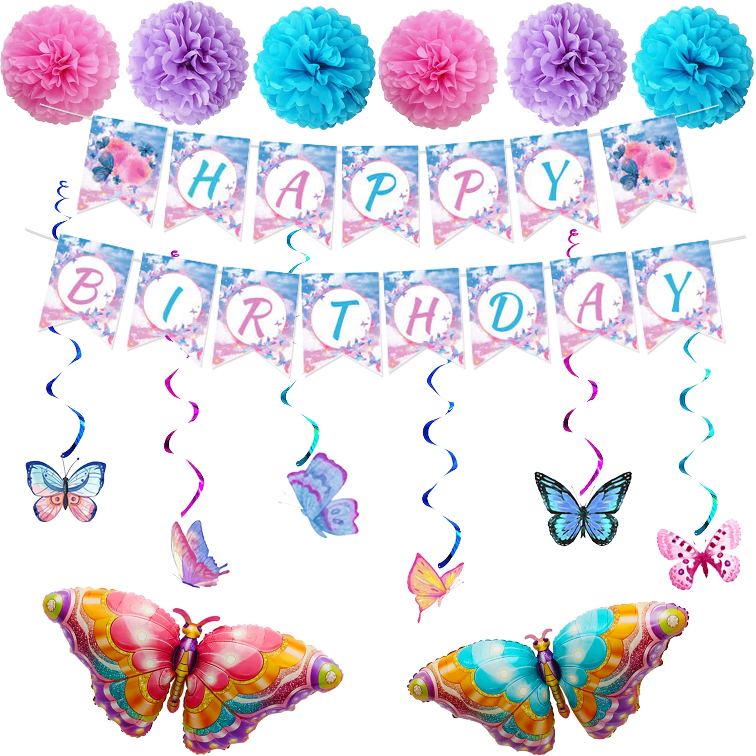

Украшения для дня рождения, Бабочка, баннер на день рождения, Бабочка, фольгированные воздушные шары, бумажные помпоны для девочек, вечеринк...