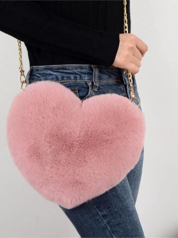 

Модные женские сумки в форме сердца, милые кавайные сумки из искусственного меха, сумки через плечо, кошелек, плюшевая цепочка, сумка на плечо, дамская сумочка