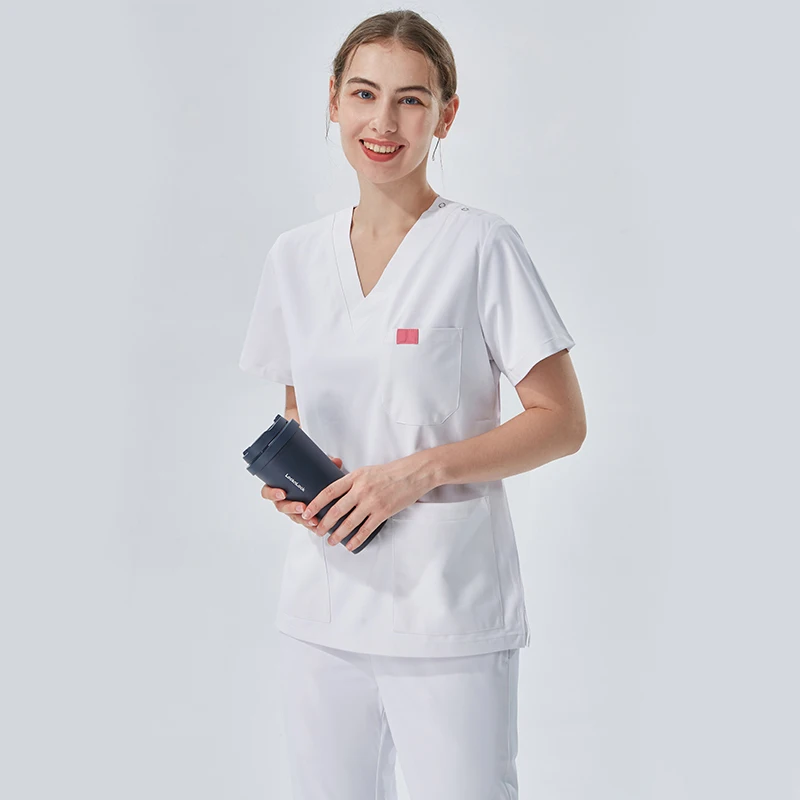 

White Women's Scrubs Set Nurse Medical Uniforms Silky Basic Pro Workwear Top Pant Medic Scrub Surgeon Suit 002-BS