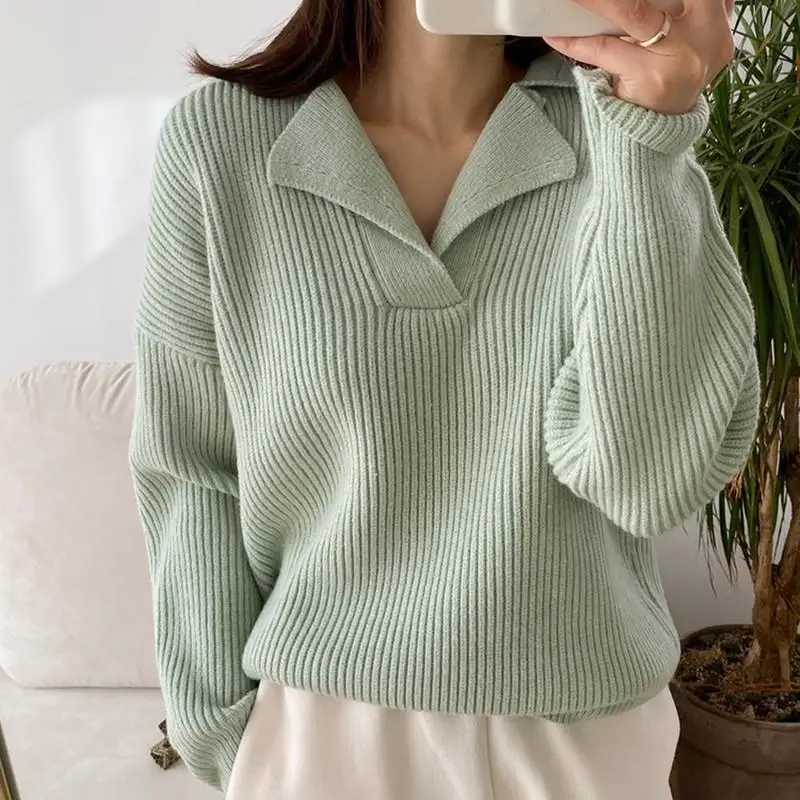 

Winter Women Knitted Ribbed Loose Cashmere Sweater V-neck Long-sleeved Oversize Pullovers Solid Loose Sweater Women Jumpers