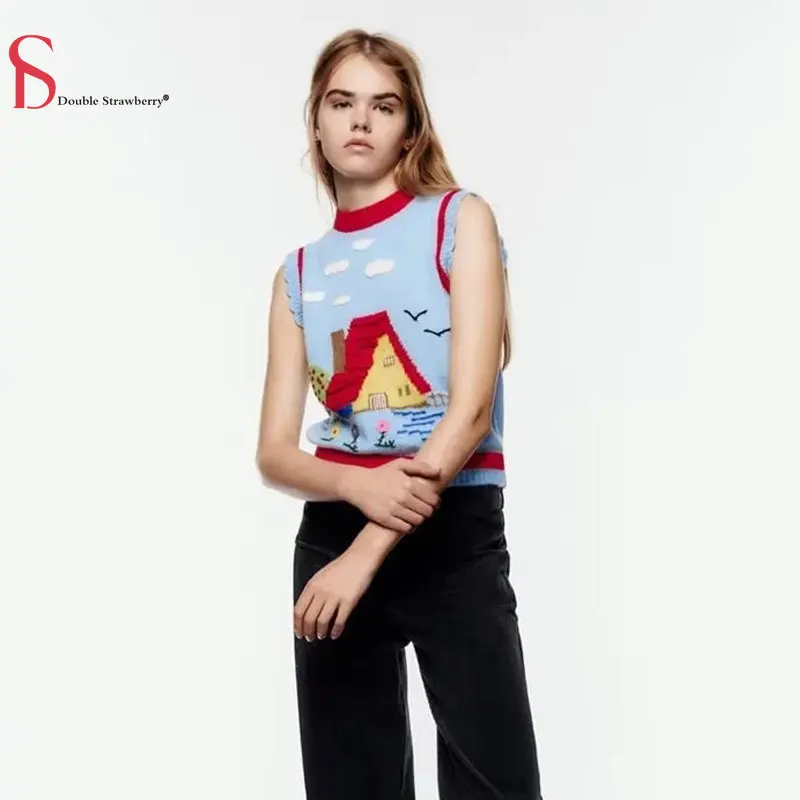 

Женский трикотажный жилет с вышивкой, модный контрастный укороченный топ с круглым вырезом на осень