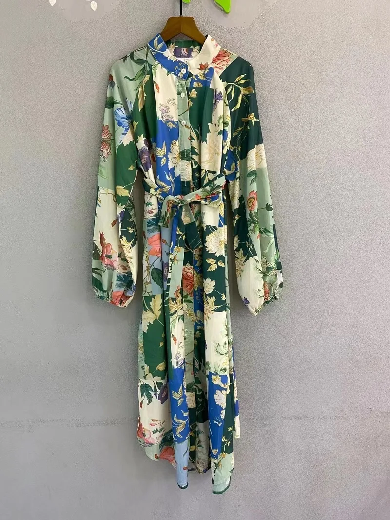 High Quality New Long Shirt Dress 2022 Autumn Style Women Color Block Floral Prints Long Sleeve Mid-Calf Casual Loose Dress