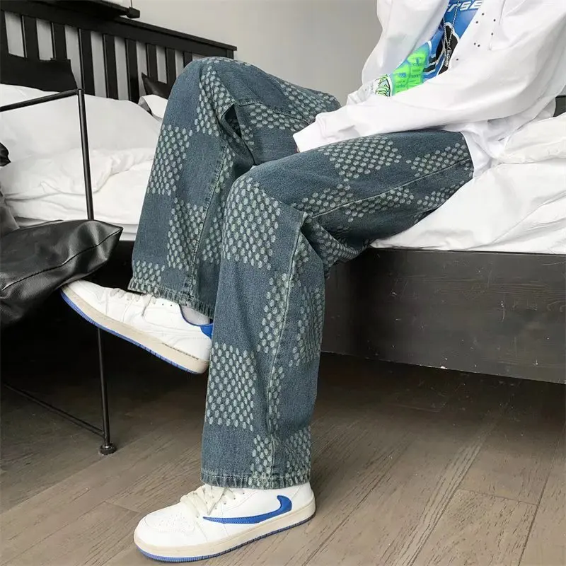 Mens Printed Jeans 2023 New Darker Blue Straight Lift Pattern Loose High Street Casual Boyfriend Pants