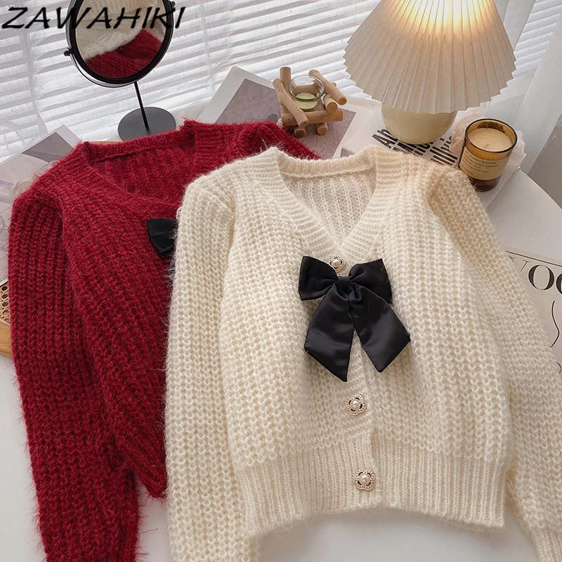 

Женский однобортный Кардиган zawхиты, вязаный свитер с V-образным вырезом и бантом в стиле ретро, корейский стиль, весна-зима