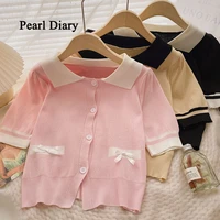 pearl diary korean version contrast color t shirt turndown collar single breasted cardigan top women short sleeves knitiing to