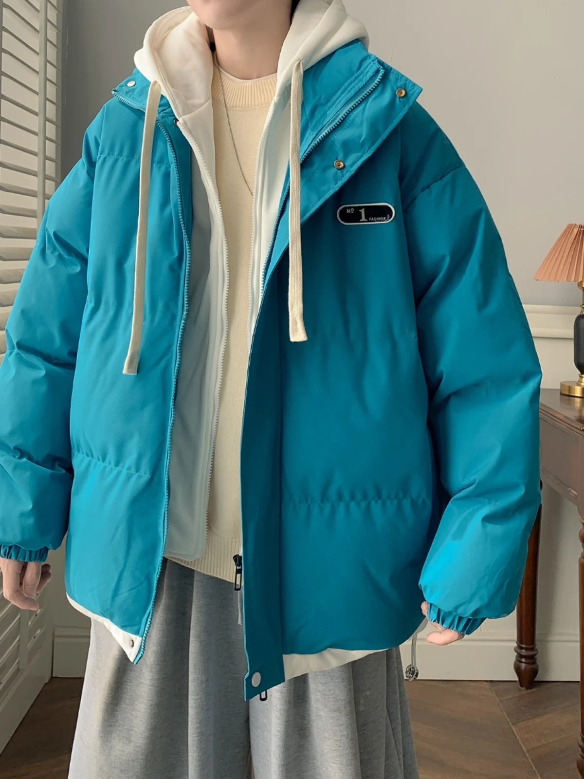 Winter New Fake Two Pieces Cotton-padded jacket Men's Loose All-Match Thick Warm Cotton-Padded Coat Outerwear American Hood C...