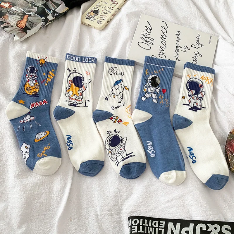 

Japan Harajuku Style Cartoon Creative Striped Checkered Socks Kawaii Print Funny Girl Socks Fashion Astronaut Woman Socks