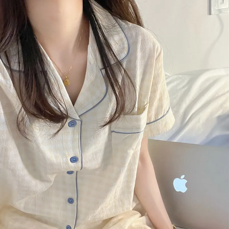 Korean Pajama Mujer Grid Print Cotton Yarn Sleepwear Set Short Sleeve Top+Shorts Ruffle Homewear Skin-Friendly Breathable