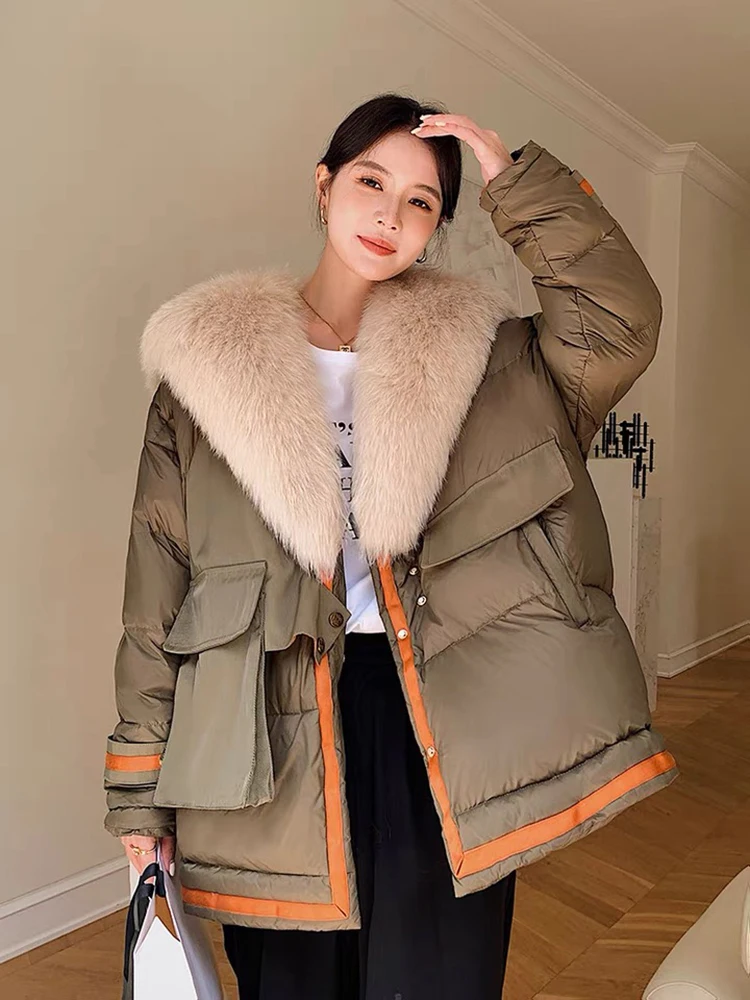 Women Winter Thick Real Fox Fur Collar Goose Down Parka Jacket Oversize Winter Parka Jacket