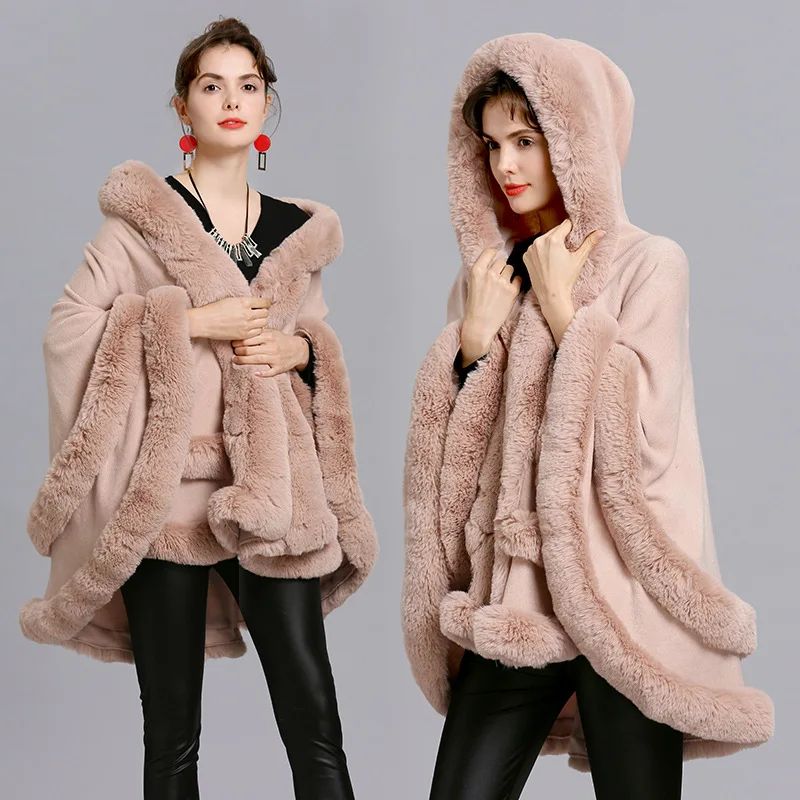 Fox fur collar fur hooded knitted cardigan shawl cloak coat