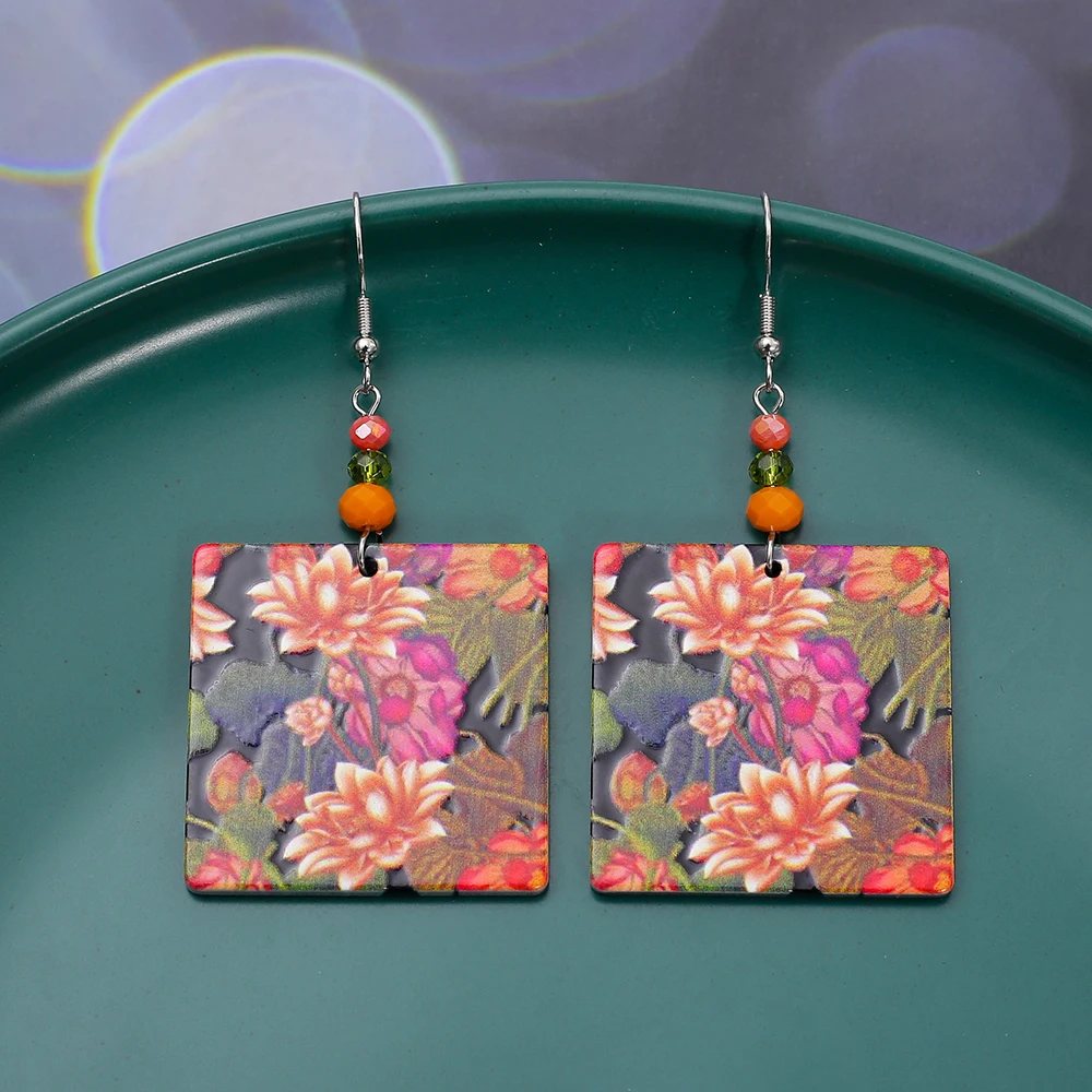 Великолепные красочные квадратные акриловые серьги с цветочным узором Relievo для
