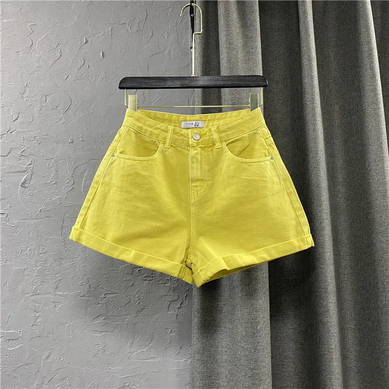 Korean denim shorts 2022 new summer trendy girl fruit color A-line hot pants  low rise jeans  shorts  HIGH  Shorts  Cotton