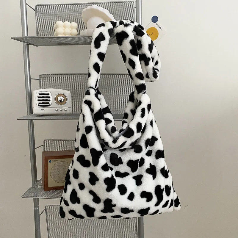 Large Capacity Women's Crossbody Bag Cow Pattern Plush  Animal Prints Shoulder Messenger Bags for Women 2021 Fluffy Shopper Bag