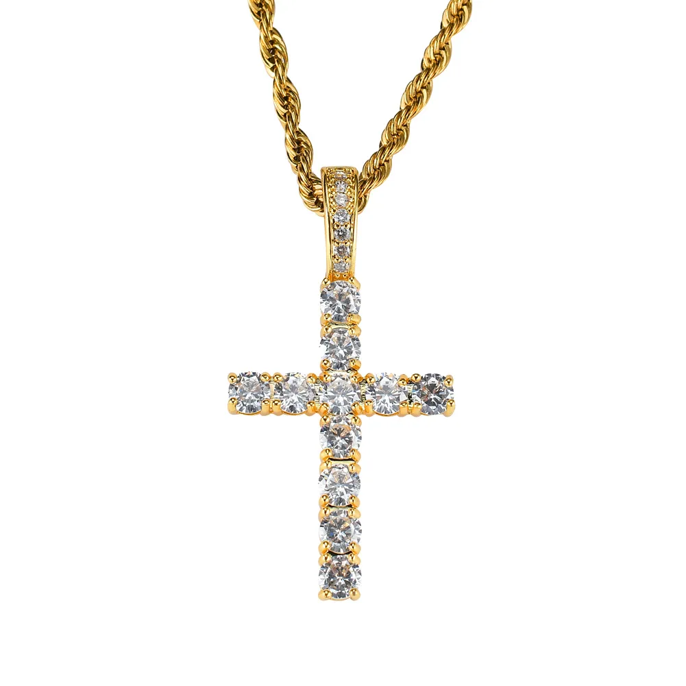 

Gold Plated Copper CZ Iced Religion Cross Pendant Necklace Fashion Men Women Hip Hop Jewelry
