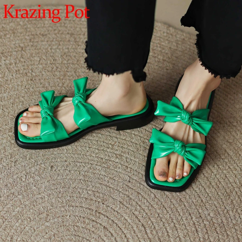 

Krazing Pot Microfiber Peep Toe Low Heel Slides Young Lady Daily Wear Butterfly-knot Concise Style Solid Cozy Women Slippers L20