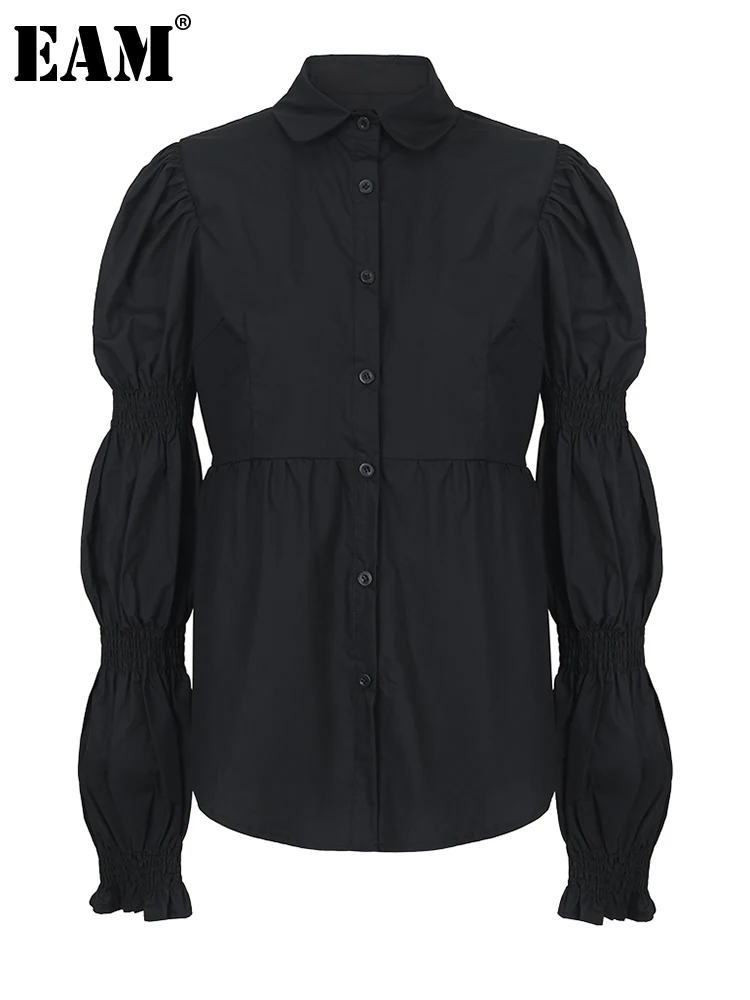 

[EAM] Women Black Shaped Eleagnt Blouse New Lapel Long Puff Sleeve Loose Fit Shirt Fashion Tide Spring Autumn 2023 1DF1990