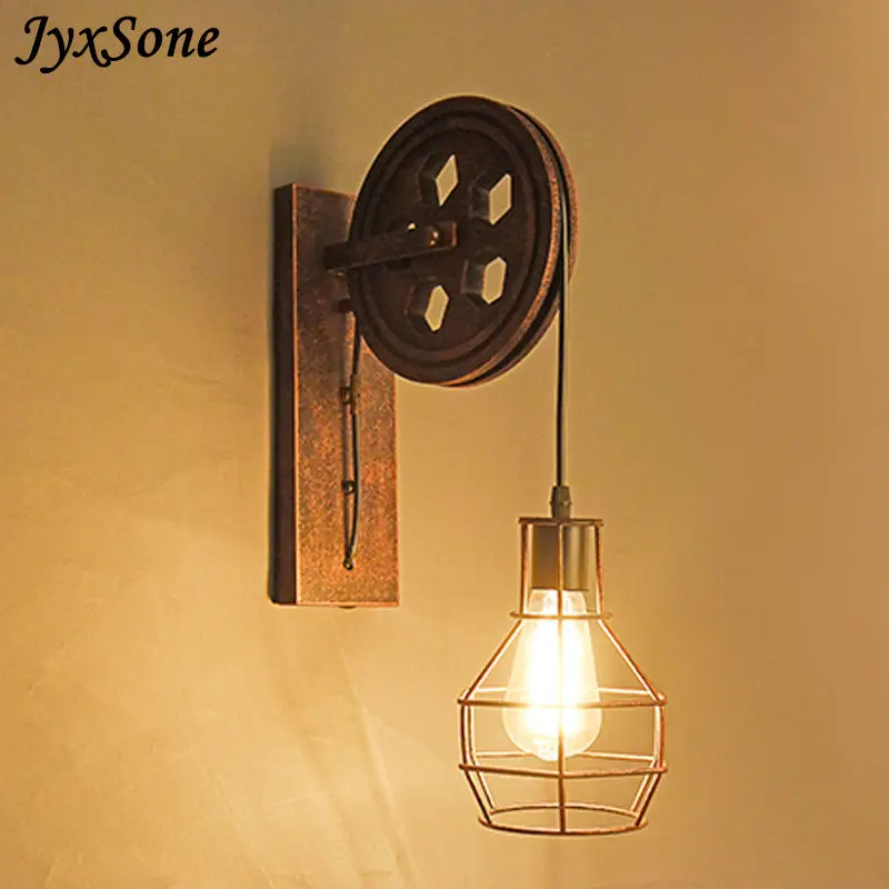 

Vintage Cage Pendant Light Pulley Iron Craft Sling Stairs Corridor Wall Lights Loft Cafe Bar Adjustable Sconce Light Home Décor