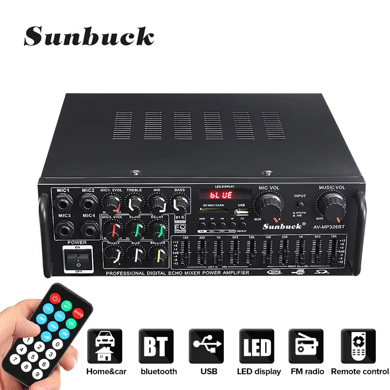 

Sunbuck 326BT 2000 Вт 2,0 каналов bluetooth 5,0 автомобильный домашний аудиоусилитель HiFi 12 В/220 В AV Amp динамик с дистанционным управлением
