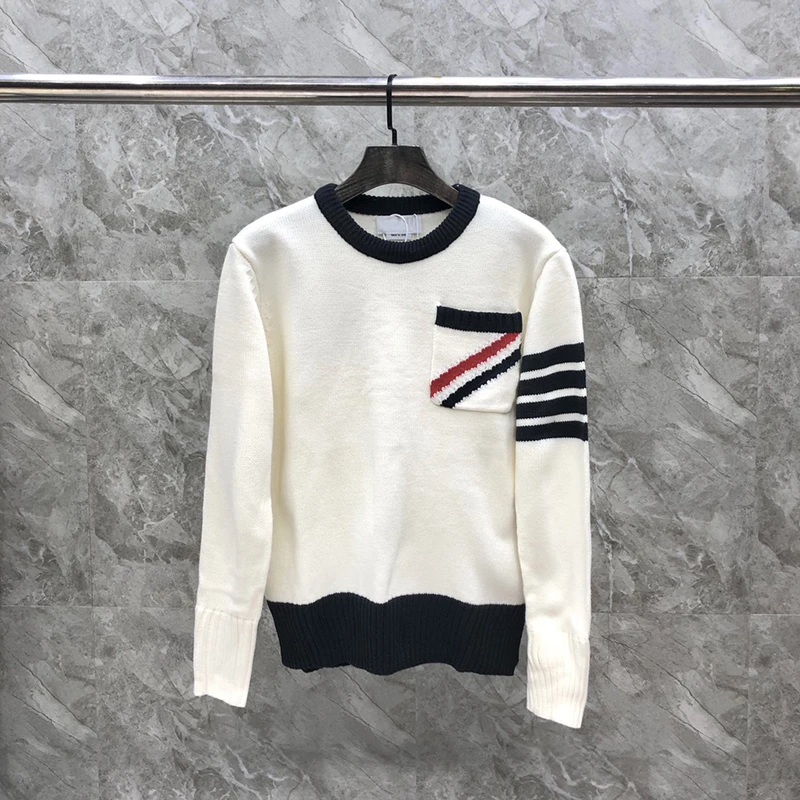 TB TNOM Sweaters Men Boutique Slim O-Neck Pullovers Fashion Brand  Clothing Striped Spliced Wool Thick Autumn Winter TB Coat