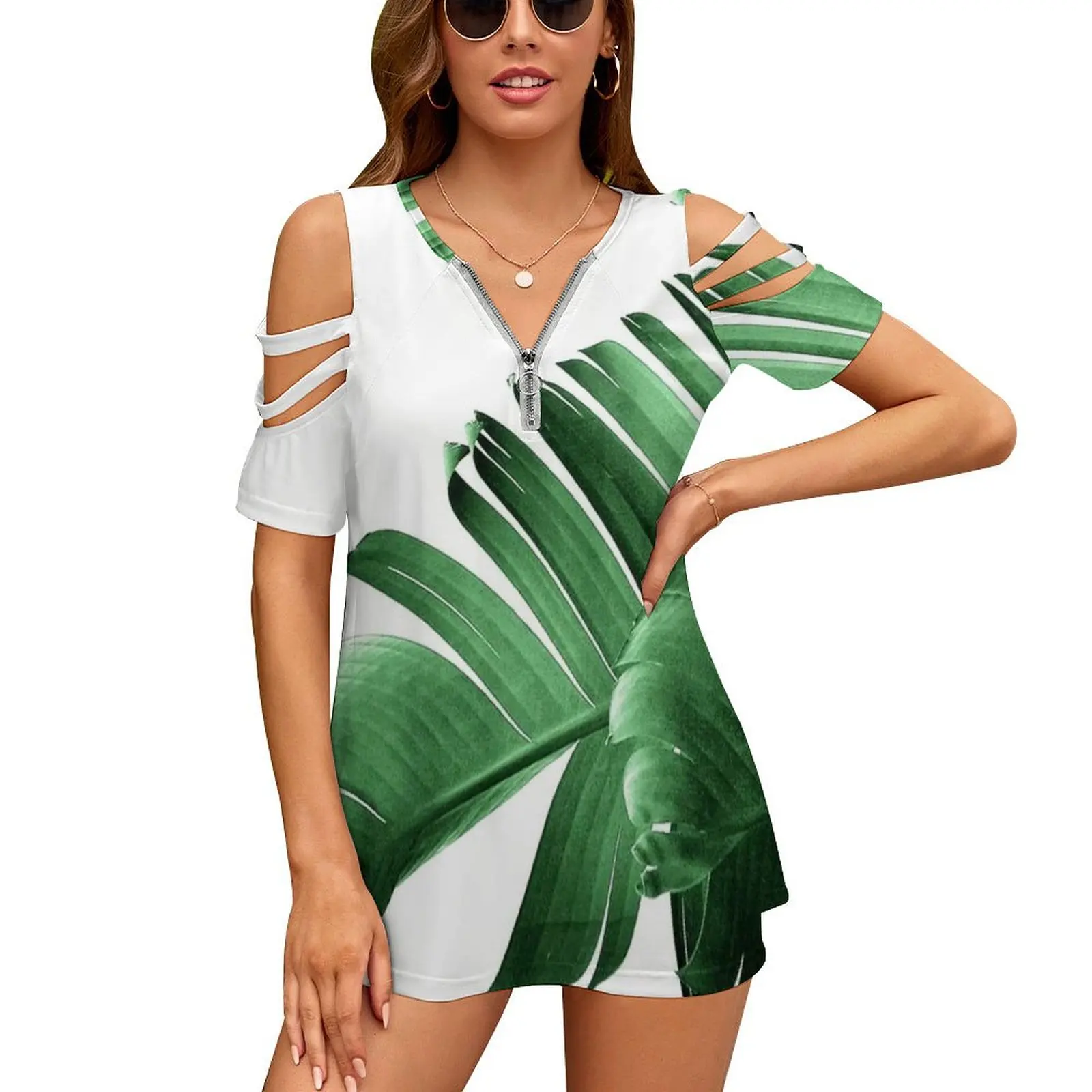 

Banana Leaf Women'S T-Shirt Summer Fashion Print Floral V-Neck Zipper Tshirt Hollow Pullover Ladies Top Banana Leaf Banana