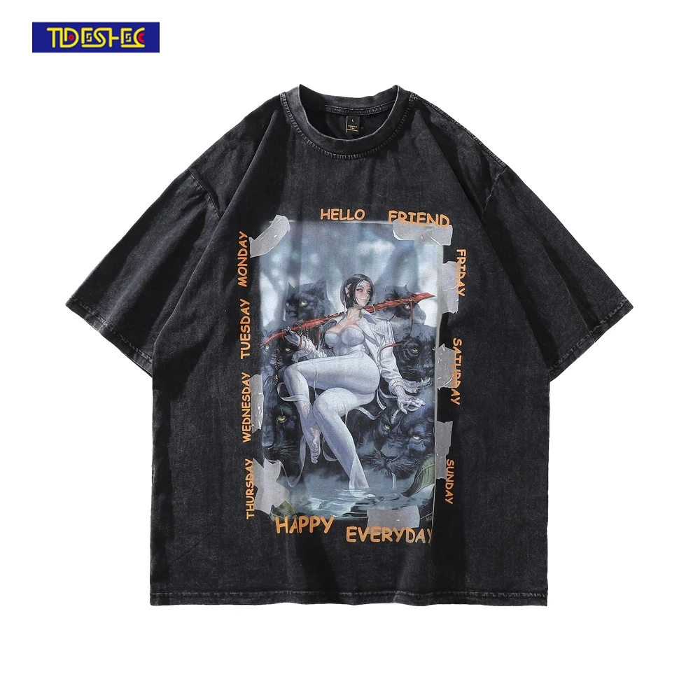 Distressed Washed T Shirt Men Streetwear Hip Hop Black Panther Female Graphics Print Tshirt 2022 Men Summer Short Sleeve T-Shirt