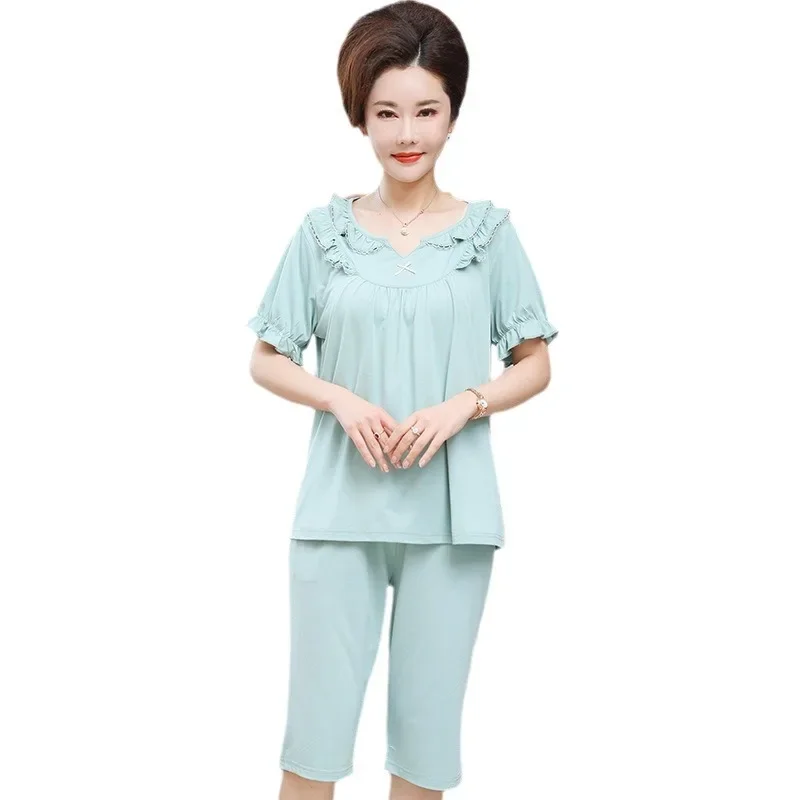 Летняя женская одежда для сна из модала с короткими рукавами брюки семью