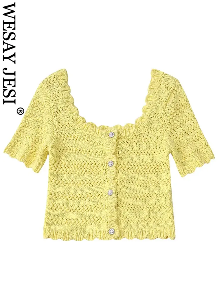 

WESAY JESI Youthful Style Slim Skin-Friendly Women Top Solid Color Cute Short Sleeve Single Breasted Knit Lady Sweater Cardigan