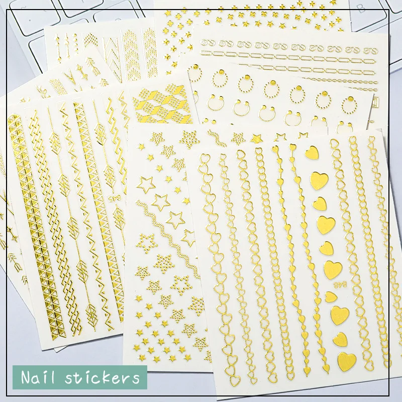 

Nail Stickers Golden Heart Pentagram Stripes Chains 3D Small Patterns Nail Art Henna Ladies DIY Self Adhesive Nail Decoration