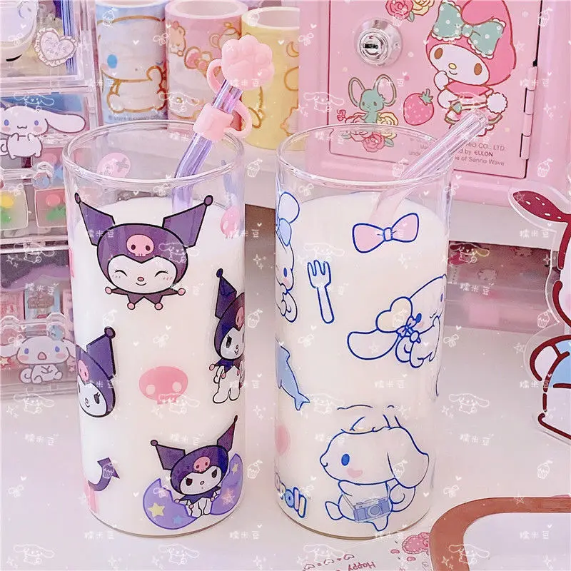 

400 мл Kawaii Sanrios стеклянная чашка kuromi Cinnamoroll мультяшный милый Hme девушка сердце сок молока чашка с соломинкой подарок для детей