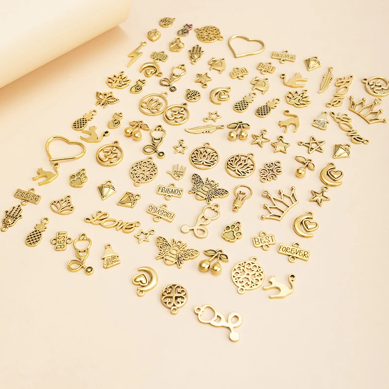 

New 90pcs/lot Mixed Style Lotus Flowers Pineapple Charms Gold Color Pendant DIY Bracelet Necklace for Jewelry Making Accessories