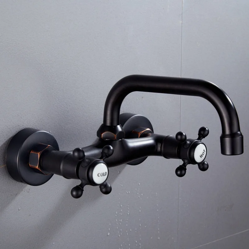 

New Bathroom Sink Faucet Wall-mounted Faucet Full Copper 360 ° Rotating Cold and Hot Water Balcony Kitchen Bathroom Black Faucet