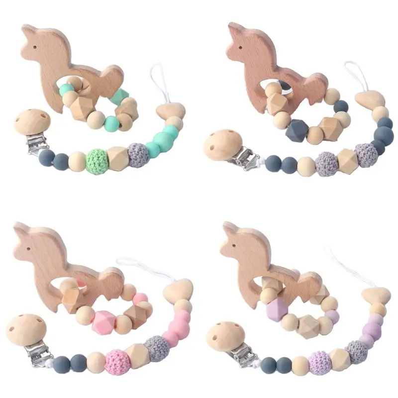

2Pcs/set Wood Baby Teeth Chew Toys Silicone Nipple Chain Teething Bracelet Crochet Beads Clips Toddlers Chewable Toy