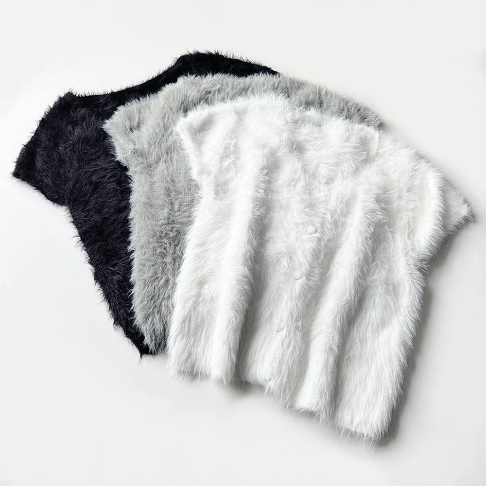 Alpaca Short Sleeve Sweater for RUANDAI 2022 Summer New Short V-neck Lazy Fur Single Breasted Slim Fit Knit Cardigan Women