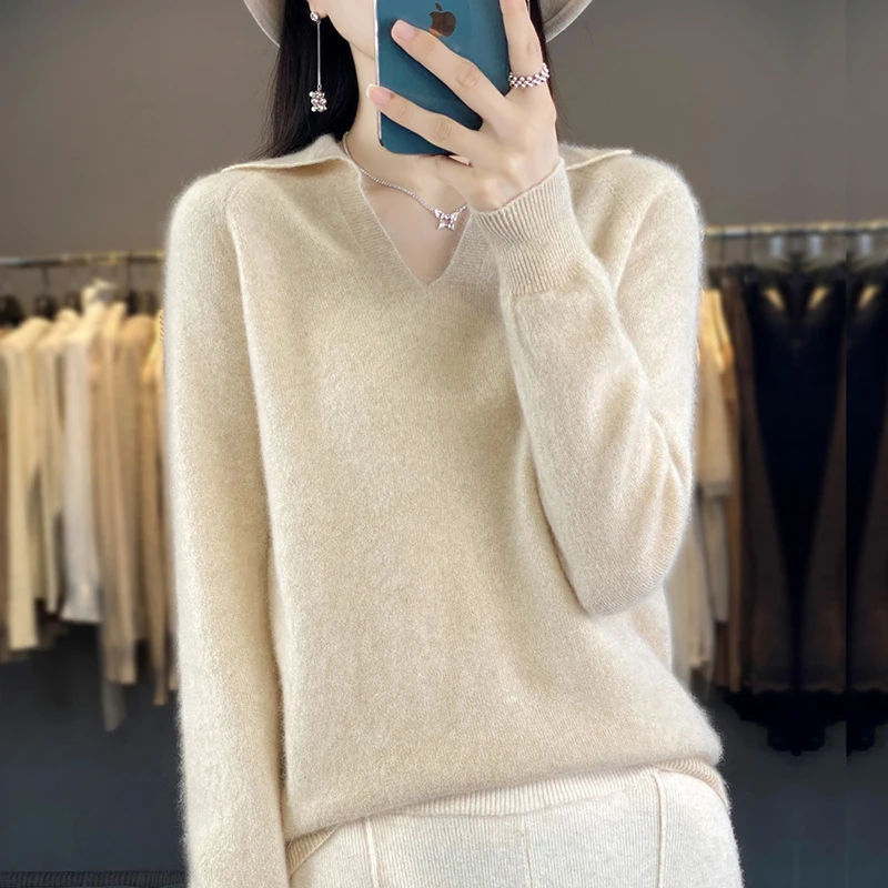 

New Women's Autumn and Winter Knitwear Long Sleeve V-Neck Small Polo Sweater Woolen Sweater One Line Readymade Soft Top