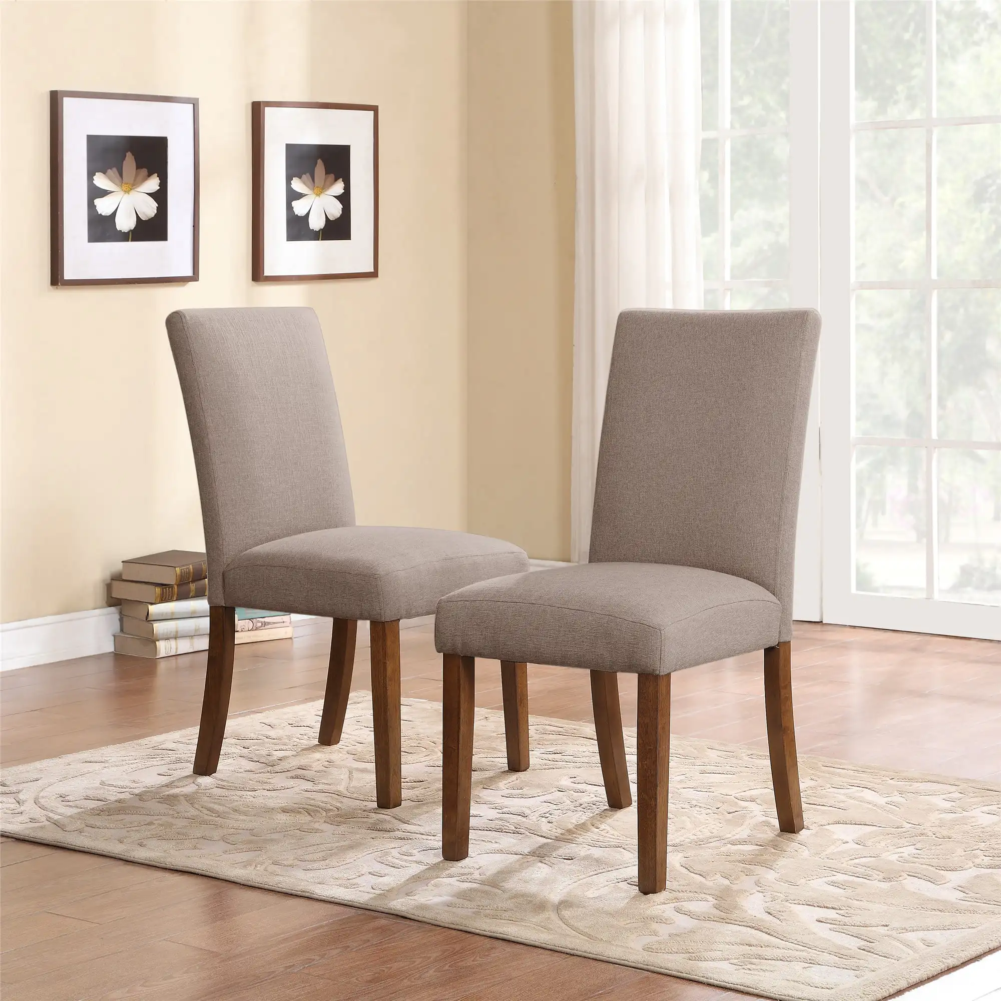 

DHP Linen Upholstered Parsons Chairs, Set of 2, Taupe/Pine