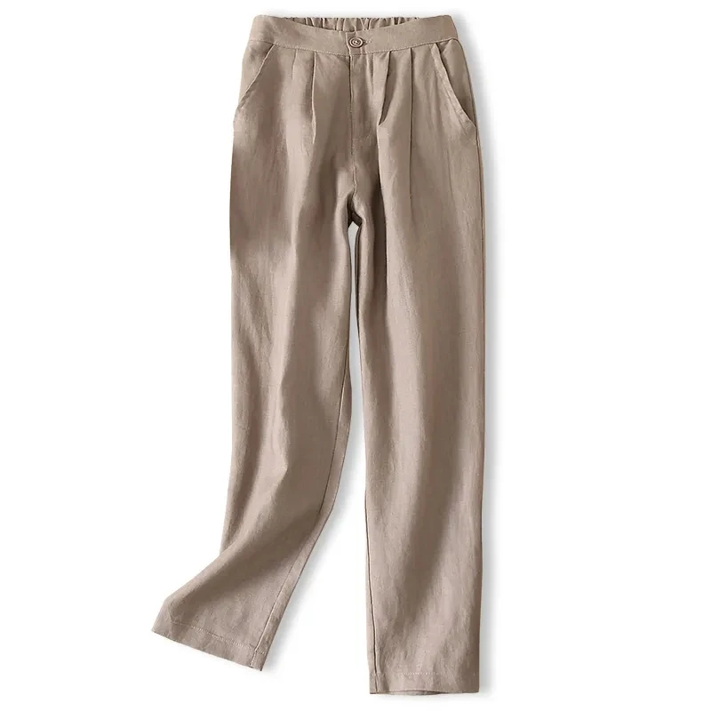 Брюки женские льняные с завышенной талией повседневные Укороченные прямые