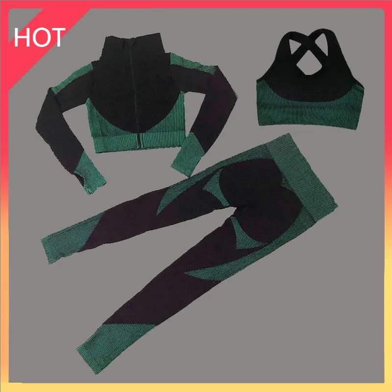 

Бесшовный Женский комплект для йоги, тренировочная спортивная одежда, одежда для тренажерного зала, укороченный топ с длинным рукавом, легг...