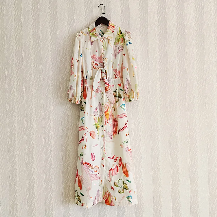 

SuperAen 2022 Spring Summer New Style Turn Down Collar Single Breasted Waist Strap Printing High Waist Dress Women