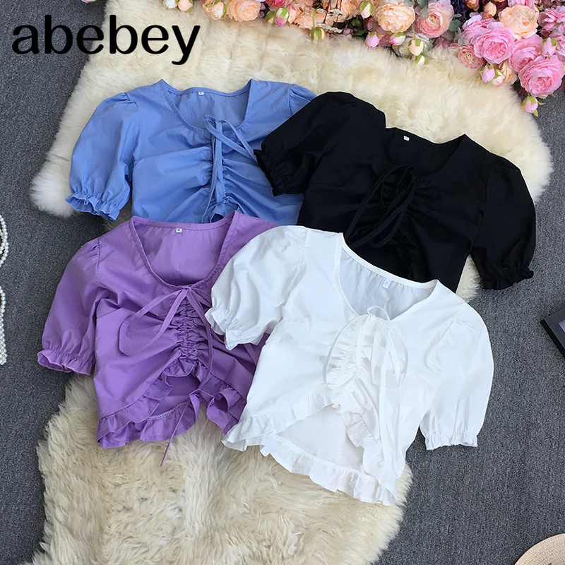 

Женская короткая рубашка на завязках, однотонная плиссированная рубашка с V-образным вырезом и коротким рукавом, с завышенной талией, в Коре...