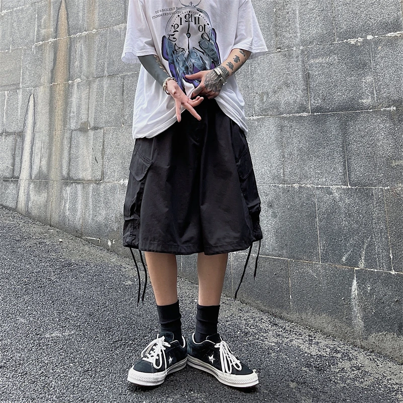 Overalls Shorts Men's and Women's Summer Loose Trousers Retro Casual A-word Wide-leg Drawstring Five-point Pants Ins Tide