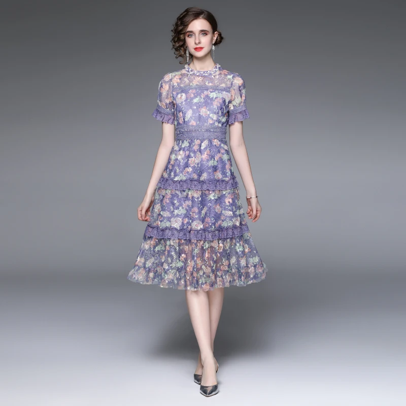 

2022 New O-Neck Short Sleeves Summer Vintage Print Long Dress Women Fashion Lace Dresses Bohemian Pattern Vestidos Robe