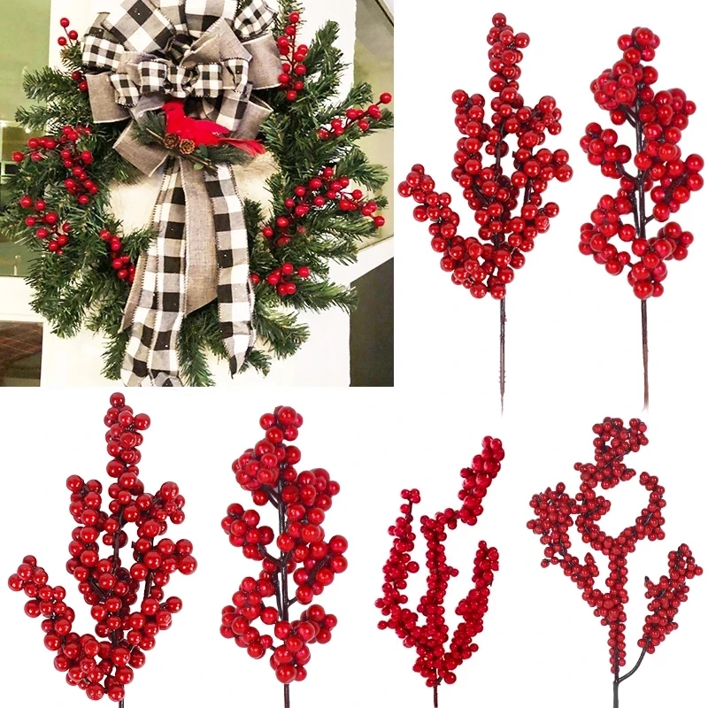 

2/5/10Pcs Artificial Red Cherry Berries Branch Christmas Ornament DIY Wreath Fake Flower Plant For Home Wedding Xmas Party Decor