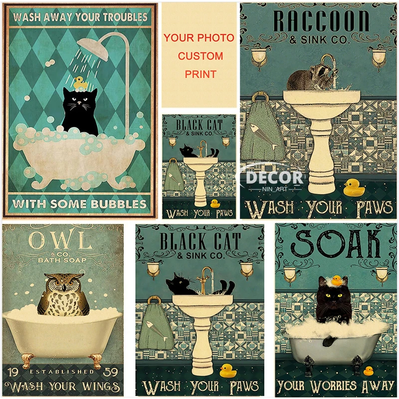 Настенный плакат из крафт-бумаги с изображением кошки русалки мопса енота панды