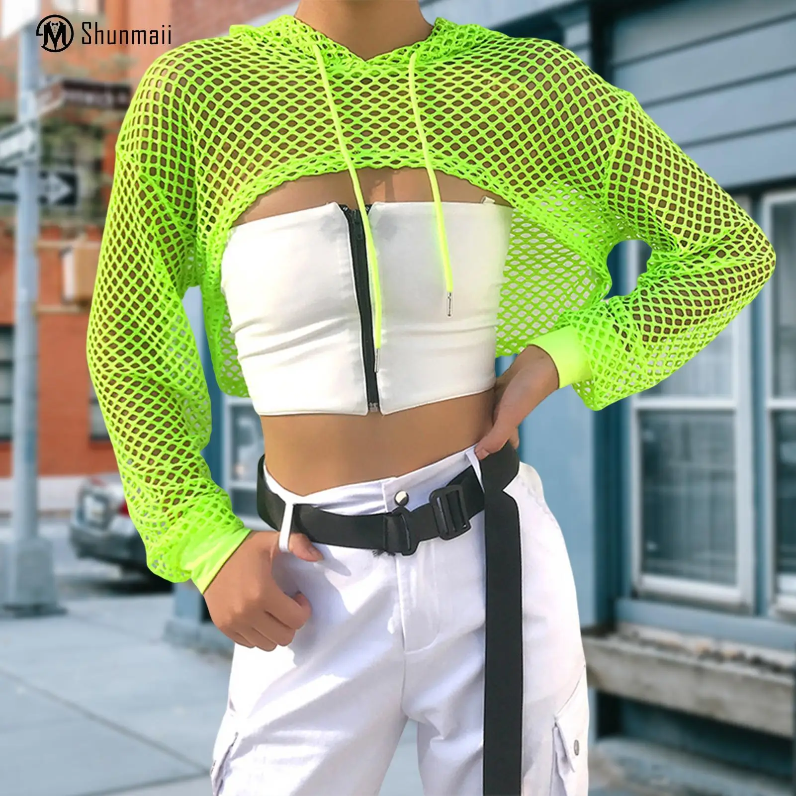 

Ladies Sexy Crop Sweatshirt Hollow Out Women Hip Pop Hoodie Solid Color See Through Casual Style Streetwear Suit